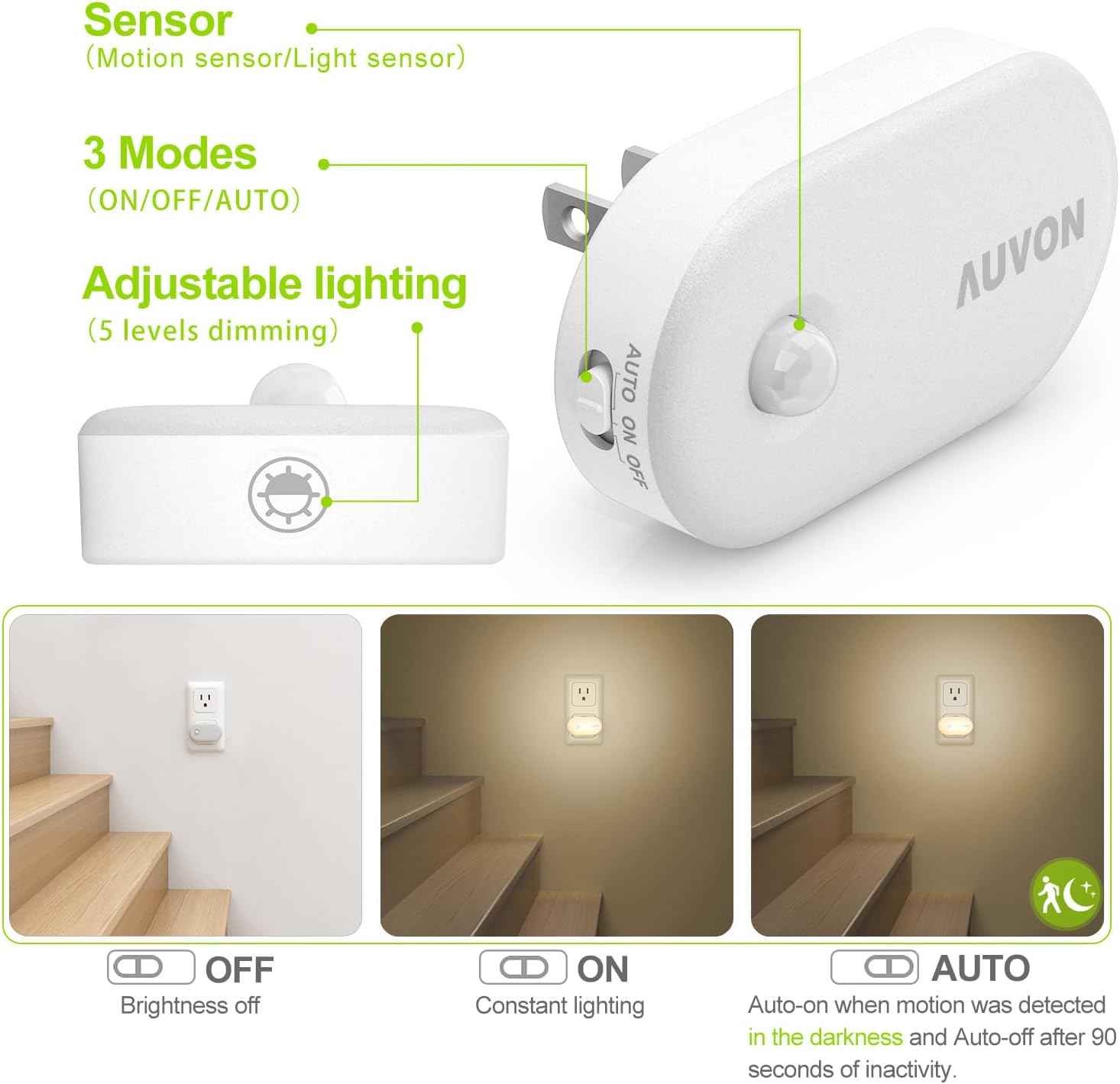 AUVON Plug in LED Night Light – Fire Resistant Casing with Dusk to Dawn Sensor for Stairs, Garage and Elderly Safe Pathways