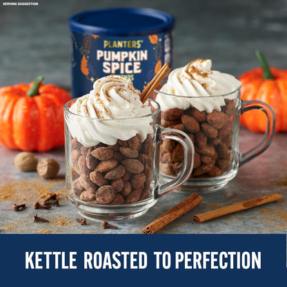 PLANTERS Fall Edition Pumpkin Spice Almonds 15.25 oz Resealable Canister – Portable Seasonal Snack for Camping Trips and Road Trips, Plant-Based Protein for Outdoor Adventures