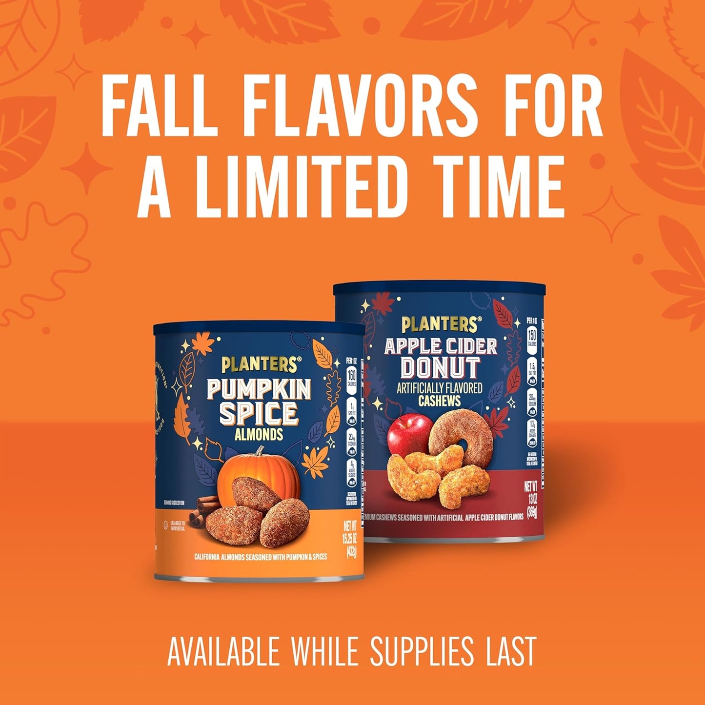 PLANTERS Fall Edition Pumpkin Spice Almonds 15.25 oz Resealable Canister – Portable Seasonal Snack for Camping Trips and Road Trips, Plant-Based Protein for Outdoor Adventures