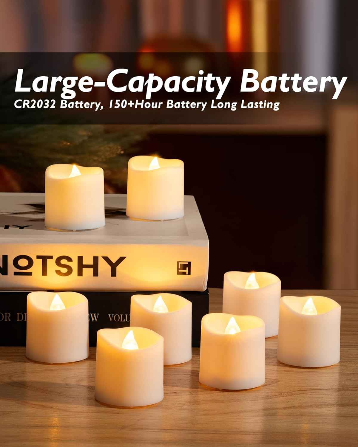 Homemory 12-Pack Flameless LED Votive Candles – Smokeless Flicker Tea Lights with 6hr Auto Timer, Safe Around Kids Pets and Curtains Warm White
