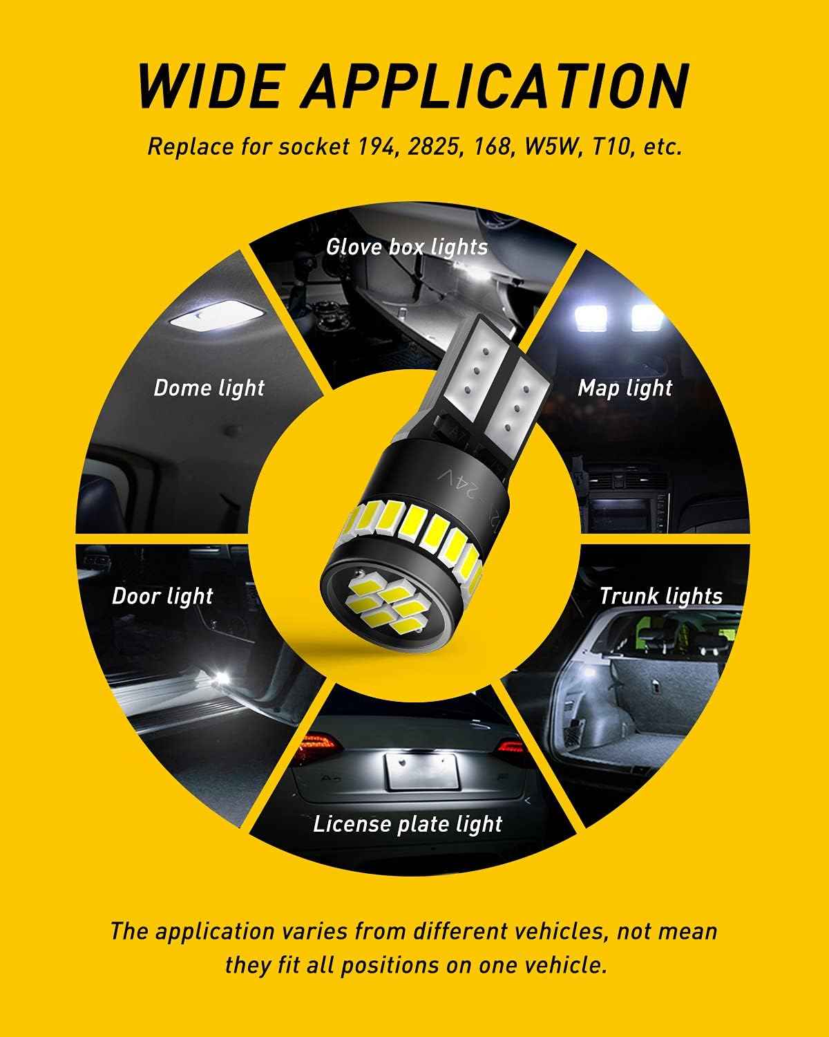 AUXITO T10 168 LED Bulbs for Safe CANbus-Ready Vehicle Conversion, 12V 2W Low-Heat White Bulbs for Interior and Exterior Socket Swap, Pack of 2
