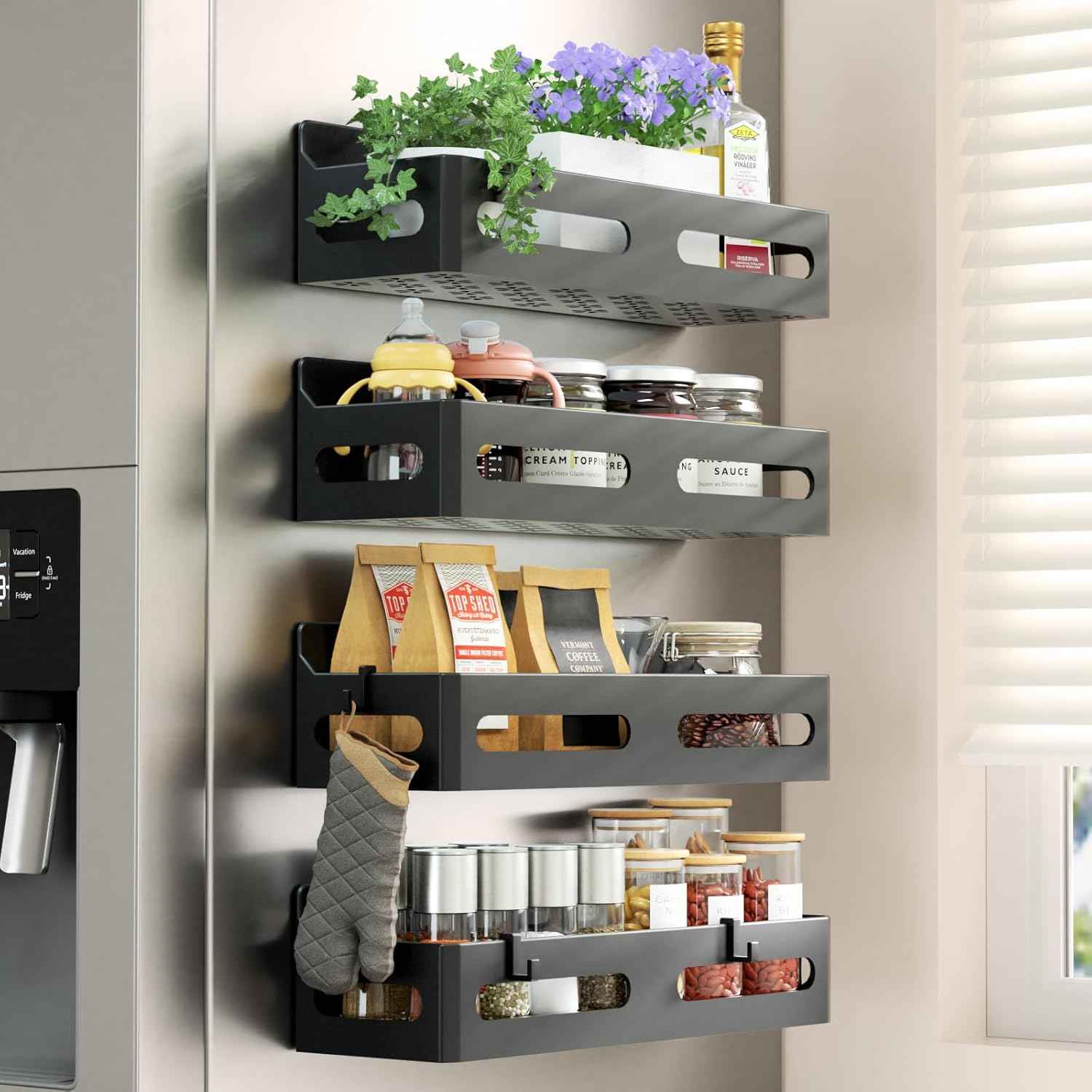 4 Pack Magnetic Spice Rack for Refrigerator – Thoughtful Housewarming Gift for New Homeowners, Tool-Free Kitchen Organizer