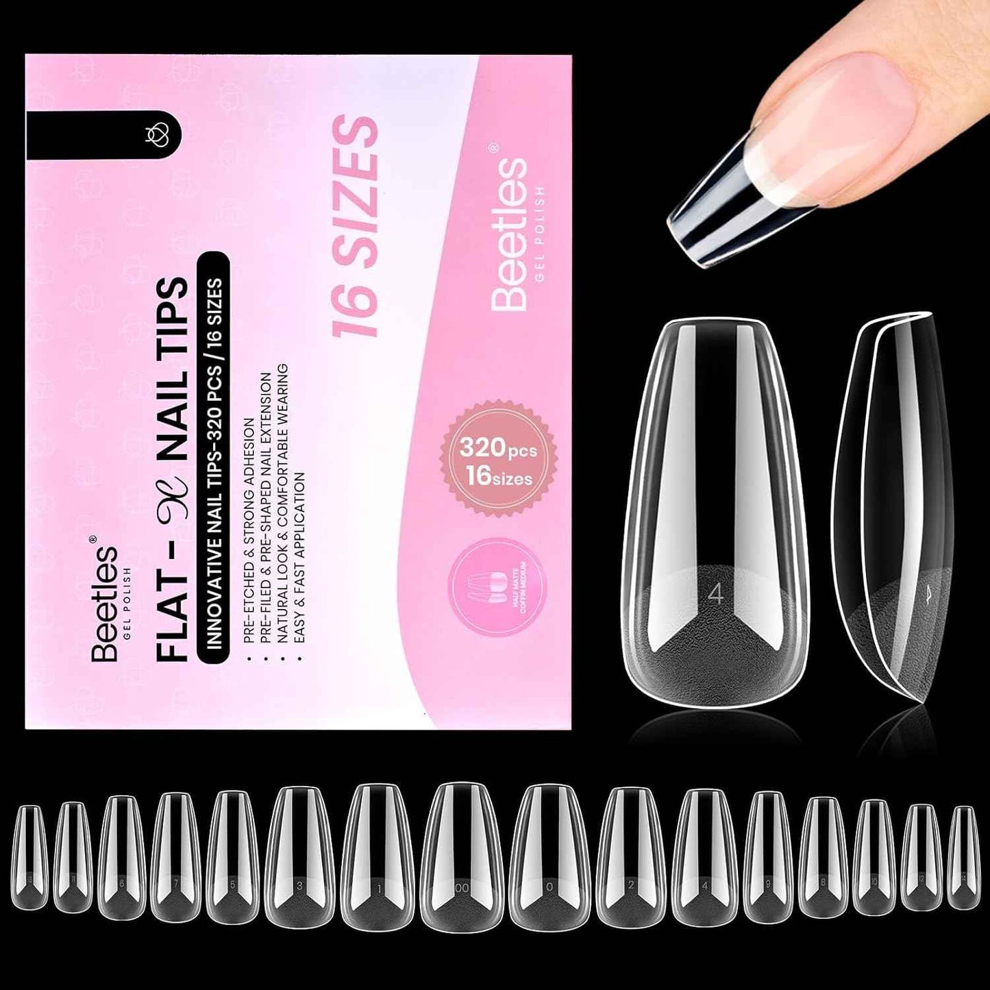 Beetles Gel Nail Tips Flat-X – At-Home Nail Care Ritual for Mindful Sunday Reset, Low-Odor Coffin Press-Ons for Sensitive Natural Nails