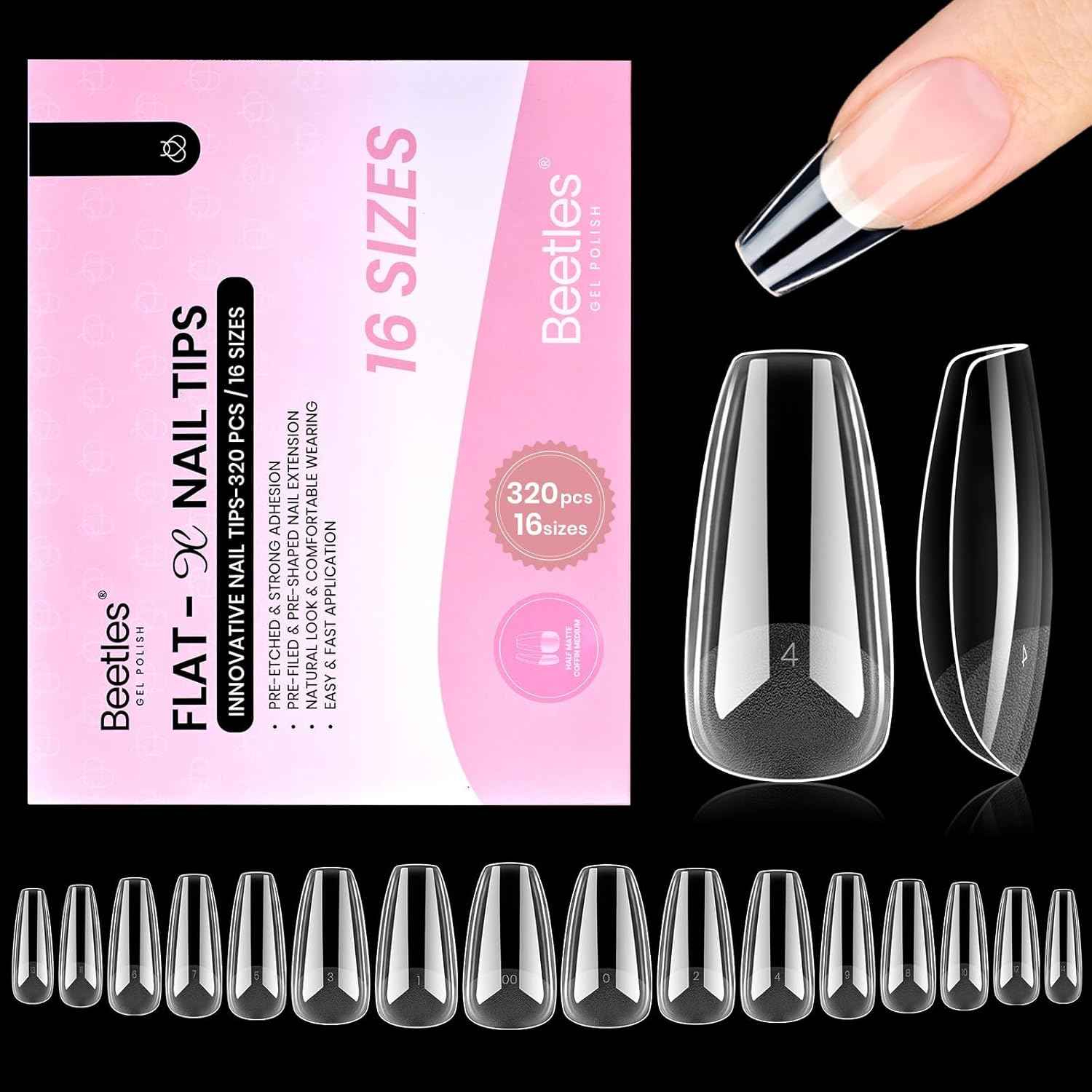 Beetles Gel Nail Tips Flat-X – At-Home Nail Care Ritual for Mindful Sunday Reset, Low-Odor Coffin Press-Ons for Sensitive Natural Nails