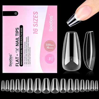 Beetles Gel Nail Tips Flat-X – At-Home Nail Care Ritual for Mindful Sunday Reset, Low-Odor Coffin Press-Ons for Sensitive Natural Nails