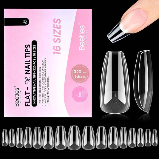 Beetles Gel Nail Tips Flat-X – At-Home Nail Care Ritual for Mindful Sunday Reset, Low-Odor Coffin Press-Ons for Sensitive Natural Nails