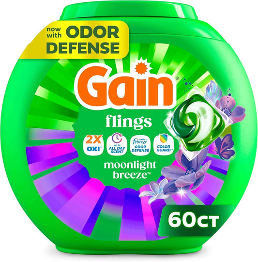 Gain Flings Moonlight Breeze Laundry Pacs – Family-Safe Laundry Pods for Kids' Bedroom & Mudroom, 4-in-1 Odor Defense