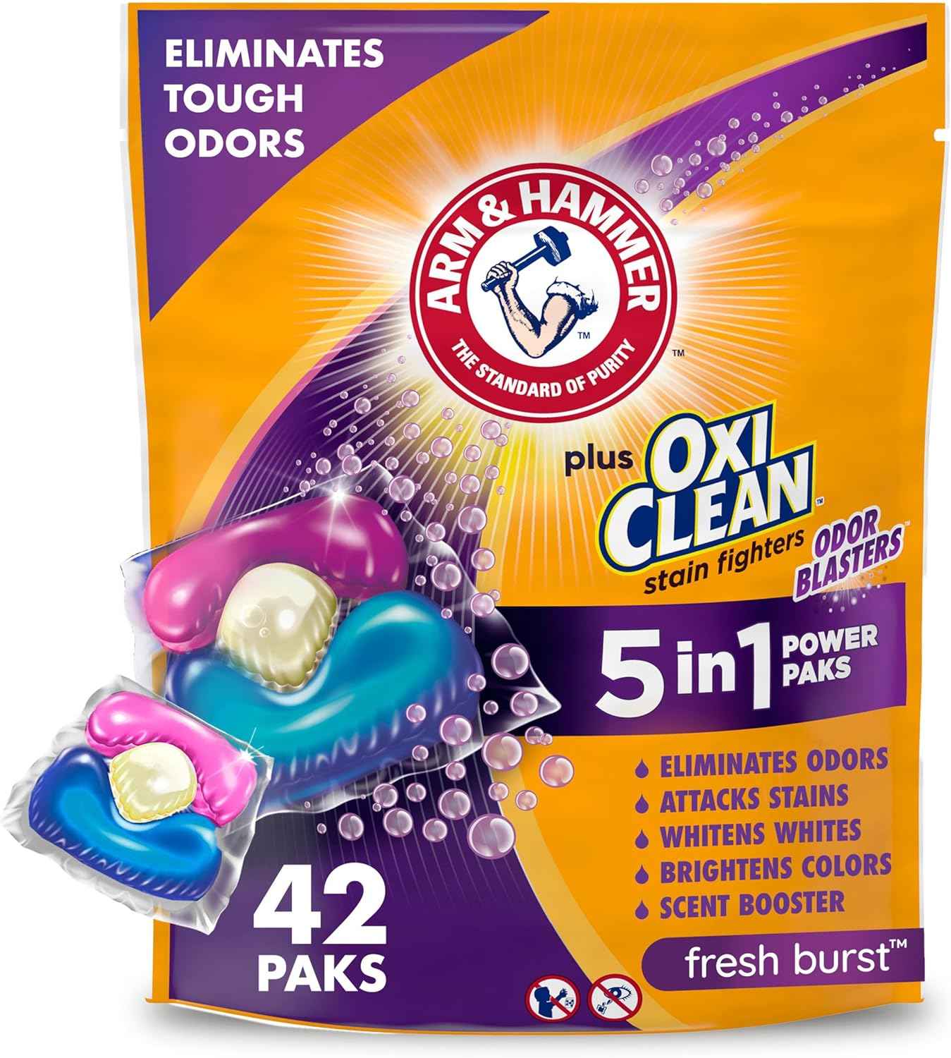 Arm & Hammer Plus OxiClean 5-in-1 Laundry Detergent Power Paks – Mudroom and Kids Bedroom Hamper Solution for Parents, Tough Stain Removal With No Spill Paks