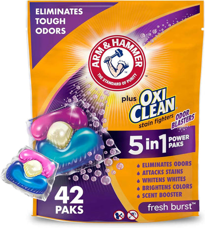 Arm & Hammer Plus OxiClean 5-in-1 Laundry Detergent Power Paks – Mudroom and Kids Bedroom Hamper Solution for Parents, Tough Stain Removal With No Spill Paks