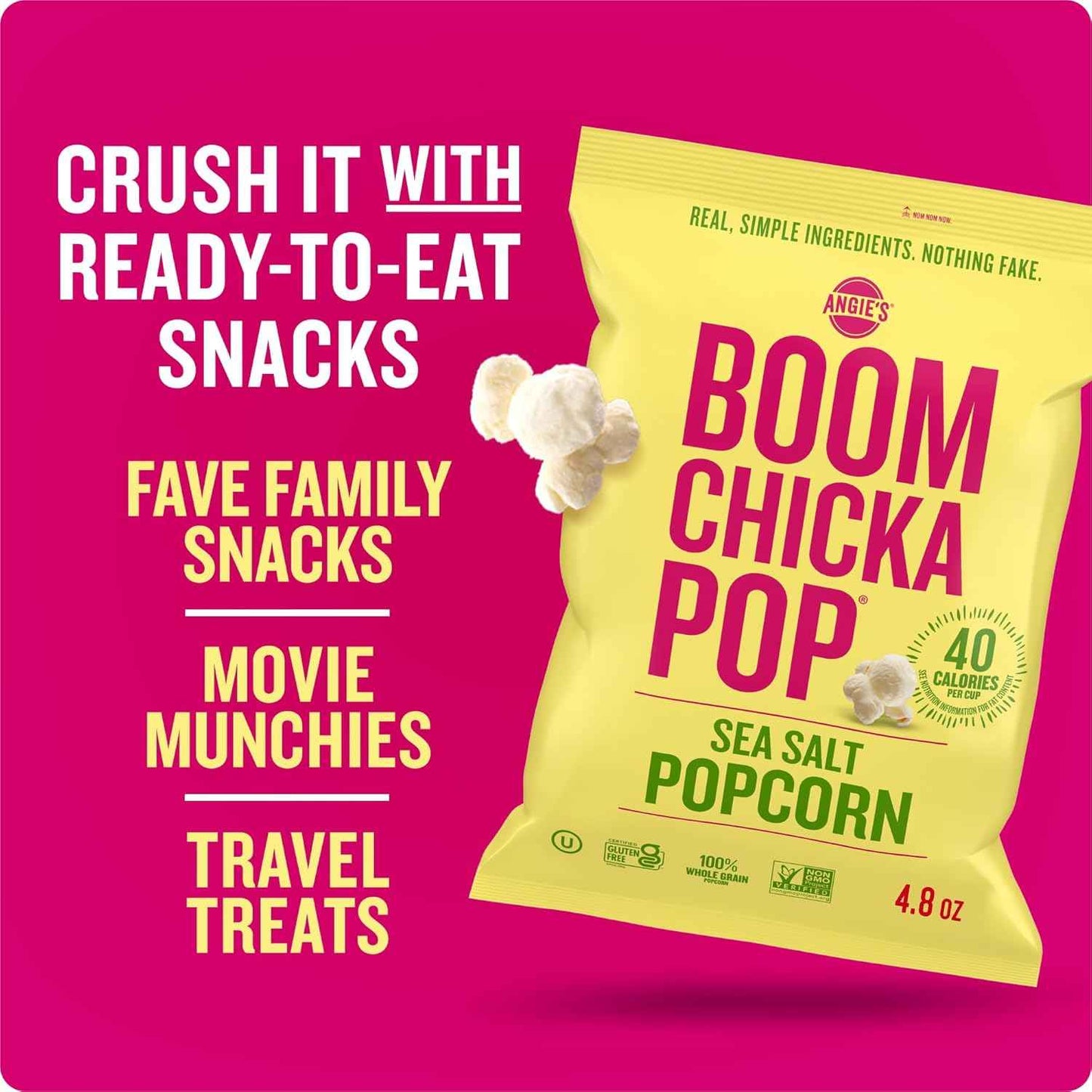 Angie's BOOMCHICKAPOP Sea Salt Popcorn – Gluten-Free Vegan Snack for Family Movie Night with Kids