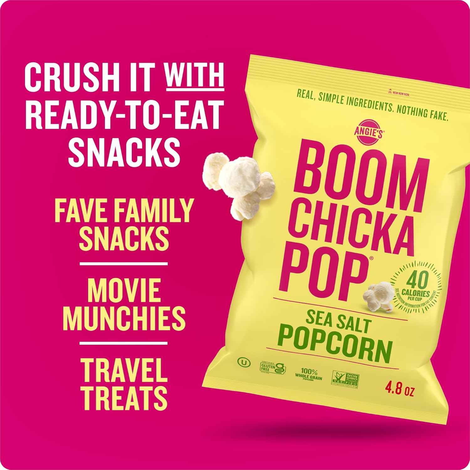 Angie's BOOMCHICKAPOP Sea Salt Popcorn – Gluten-Free Vegan Snack for Family Movie Night with Kids