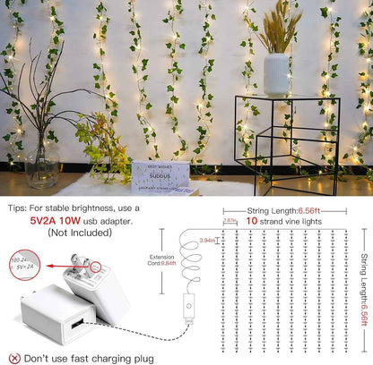 suddus Vine String Lights – Patio and Garden Courtyard Ambiance, Weather-Friendly 200 LED Ivy Curtain with 8 Modes