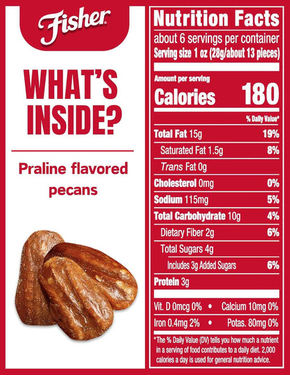 Fisher Praline Pecans, 5.5 oz Resealable Pouch — Sweet Holiday Gift for Her, Stocking Stuffer and Hostess Present