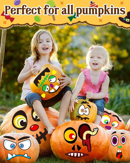 Greingways Non-Toxic Halloween Pumpkin Stickers, Child-Safe Vinyl Decorating Kit with 88 Funny Faces, No Sharp Tools Required