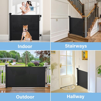 probebi Retractable Pet Gate for Stairs and Doorways – 34" Tall Mesh Barrier with Double-Lock Safety Release