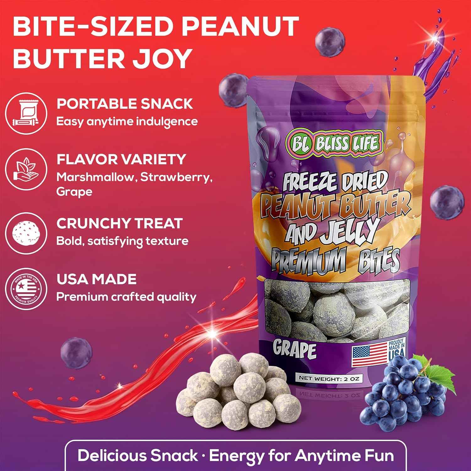 Freeze Dried PB&J Grape Candy – Lunchbox Snack for Kids, Crunchy Sweet Treat That Melts in Your Mouth 2oz