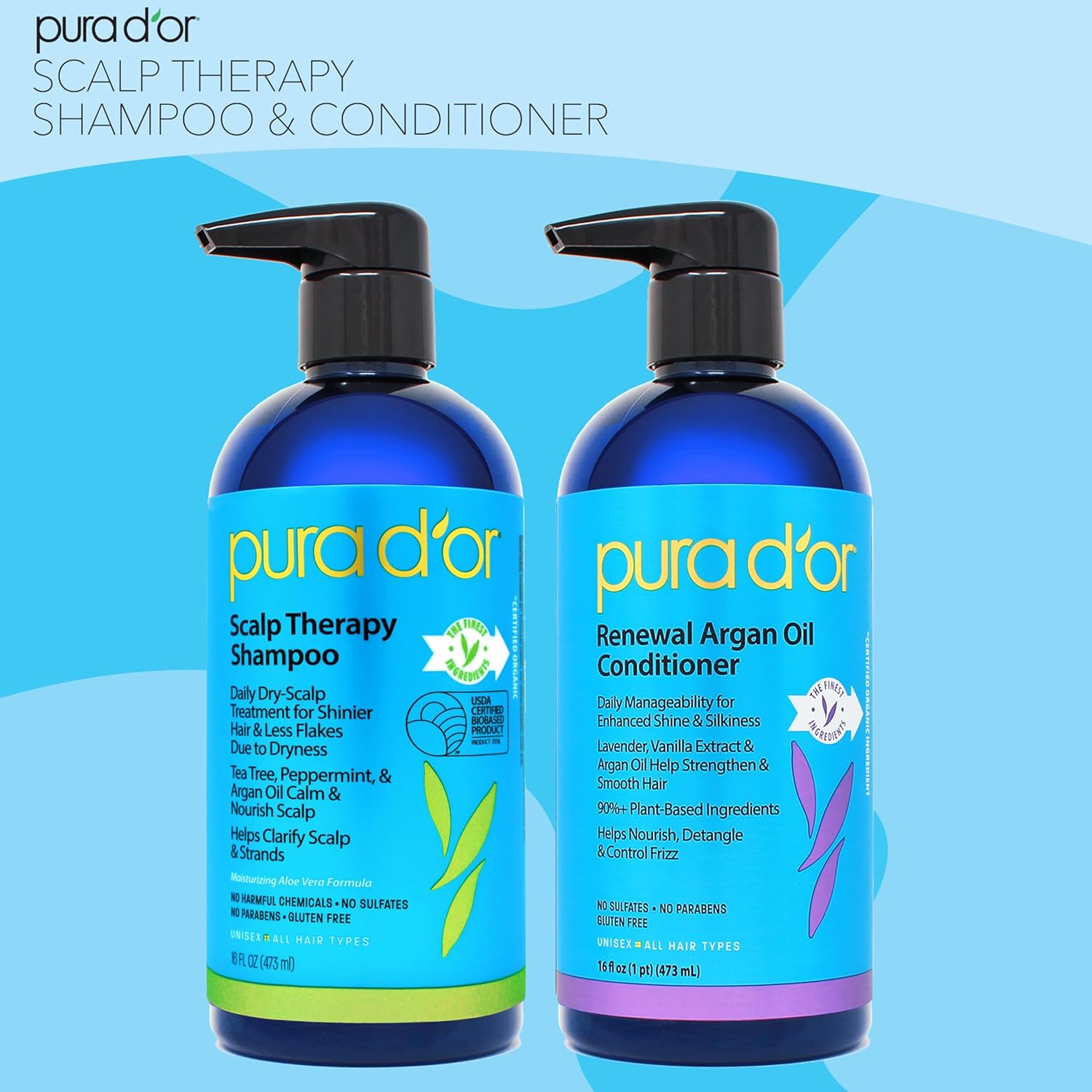 PURA D'OR Scalp Therapy Shampoo & Conditioner Set — Mindful Bath Time Ritual for Dry, Itchy Scalp Relief