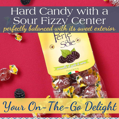 Perle di Sole Blackberry Italian Hard Candy Individually Wrapped – Premium Gourmet Confections, Imported Blackberry Bonbon with Fizzy Heart