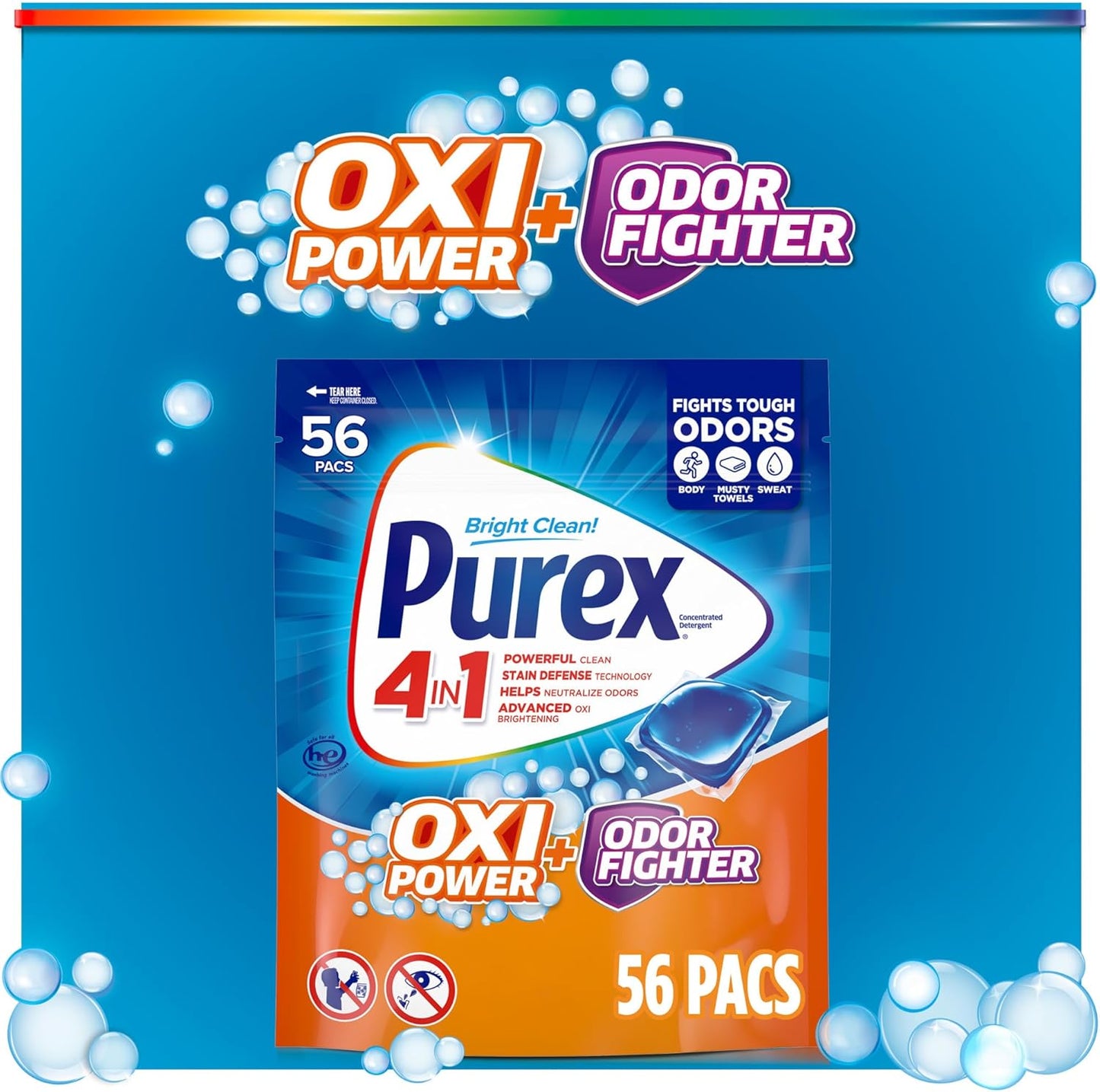 Purex Advanced Oxi + Odor Fighter Laundry Pacs for Kids Clothes, Mud-Stain Removing Detergent for Active Kids