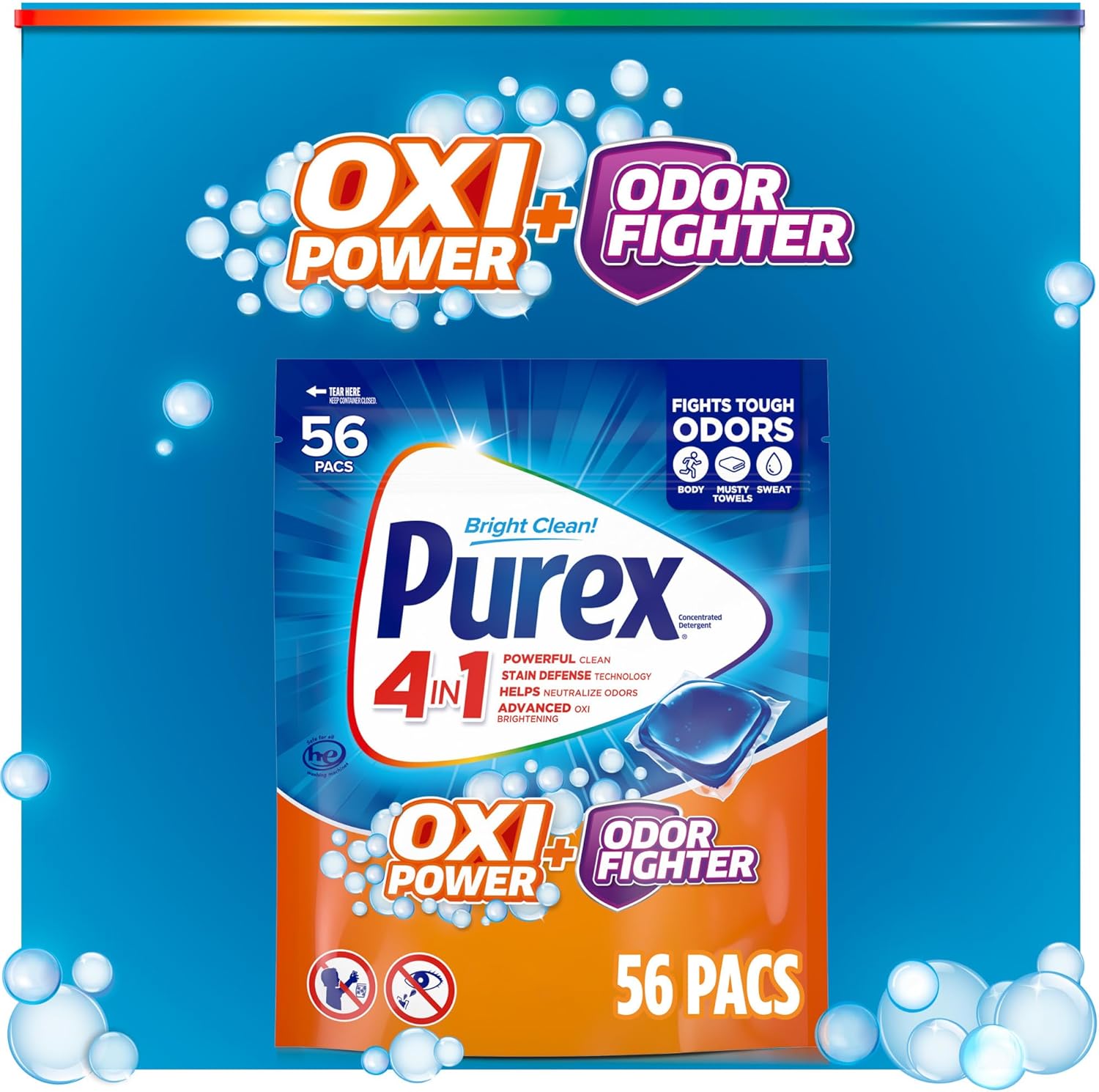 Purex Advanced Oxi + Odor Fighter Laundry Pacs for Kids Clothes, Mud-Stain Removing Detergent for Active Kids