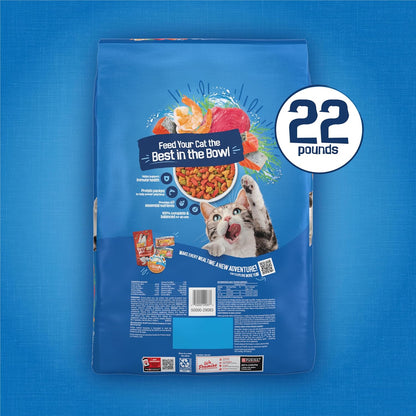 Purina Friskies Seafood Sensations Dry Kibble 22 lb. Salmon Tuna Shrimp - Complete Daily Nutrition with Satisfaction Guarantee