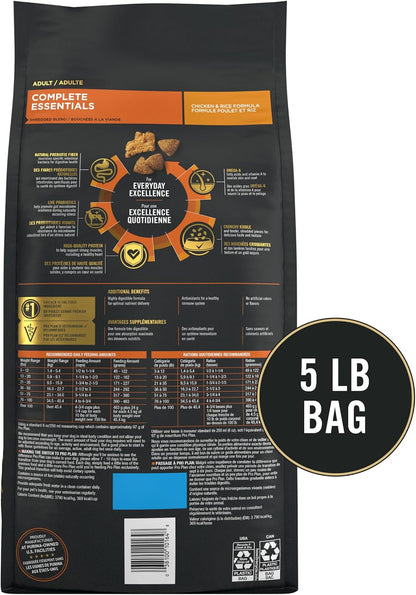 Purina Pro Plan Complete Essentials Shredded Chicken and Rice Formula - Easy-Bowl, Crunchy-and-Tender Kibble for Busy Family Kitchens - 5 lb