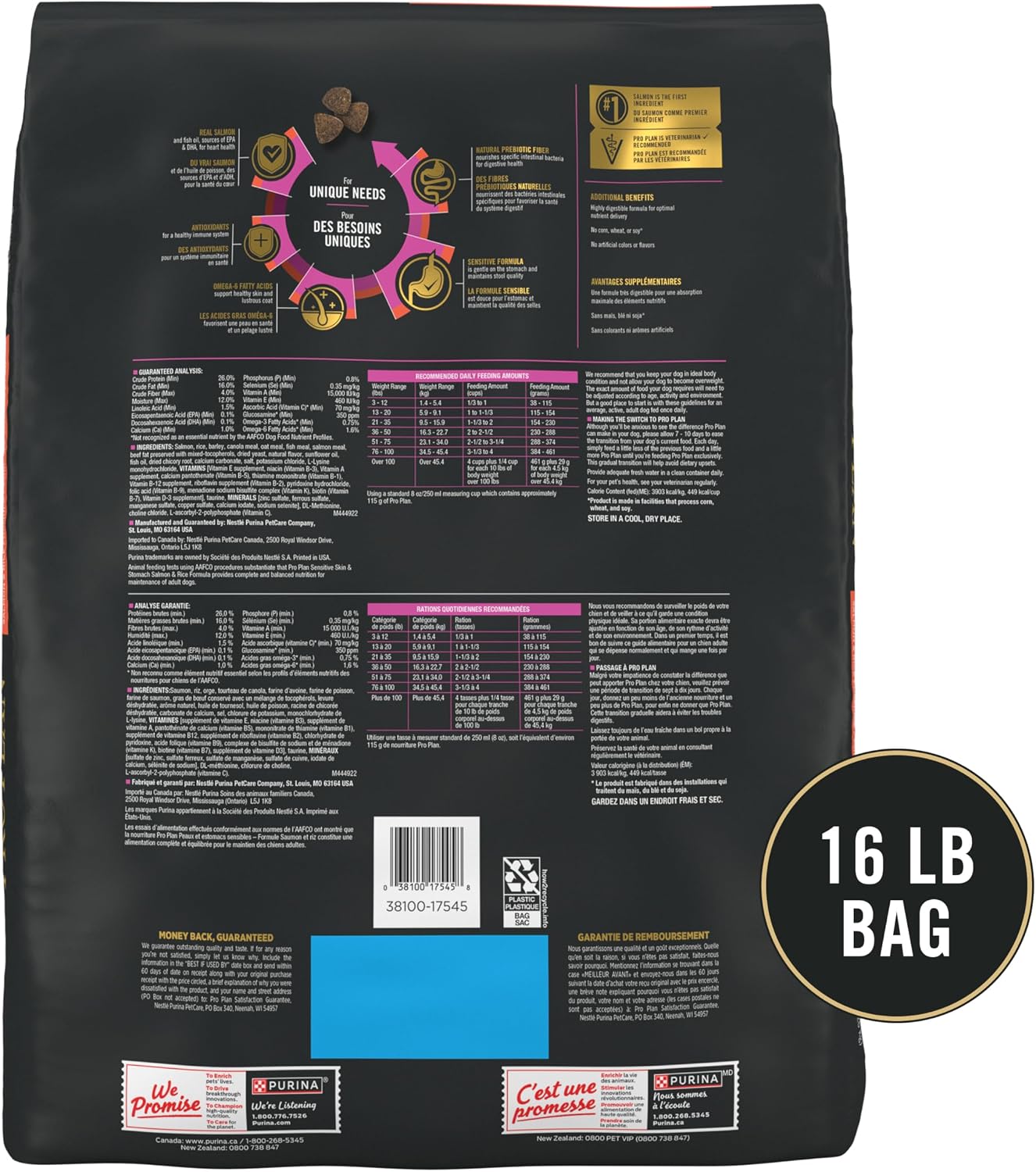 Purina Pro Plan Sensitive Skin and Stomach Dry Dog Food – Allergen-Safe Daily Bowl Without Corn, Wheat, or Soy for Adult Dogs, Salmon & Rice 16 lb