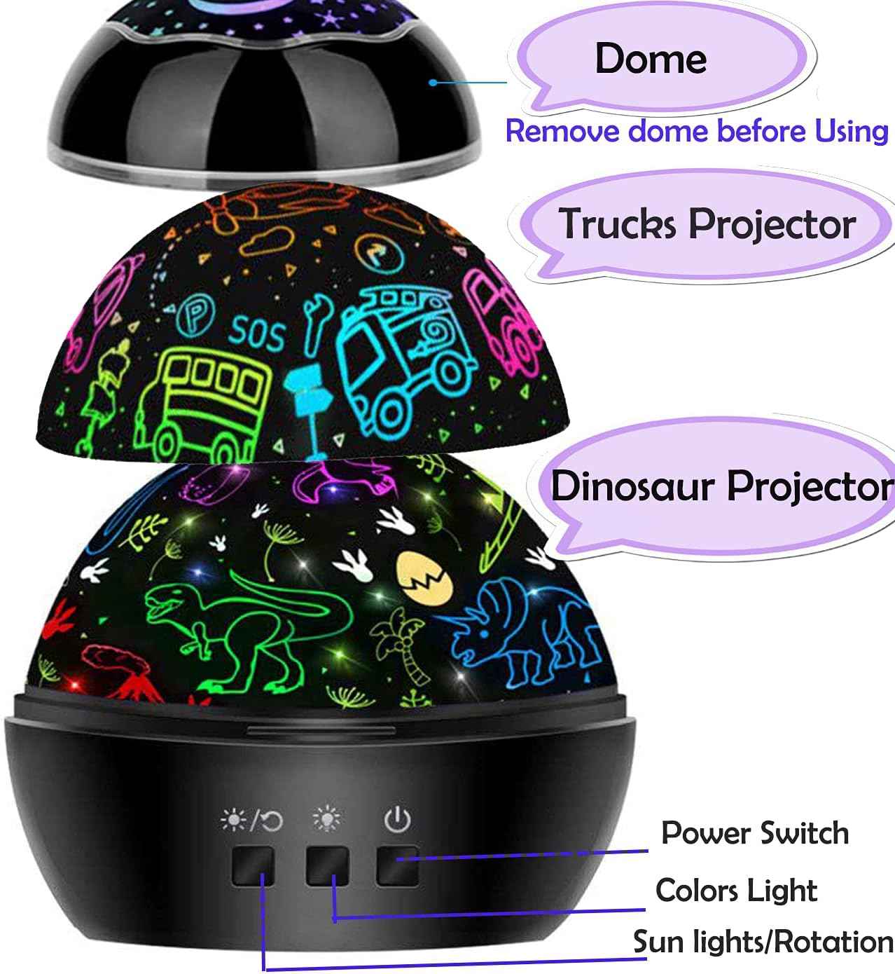 MINGKIDS Dinosaur and Truck Ceiling Projector – Themed Accent Lamp for Kids Bedrooms and Playrooms