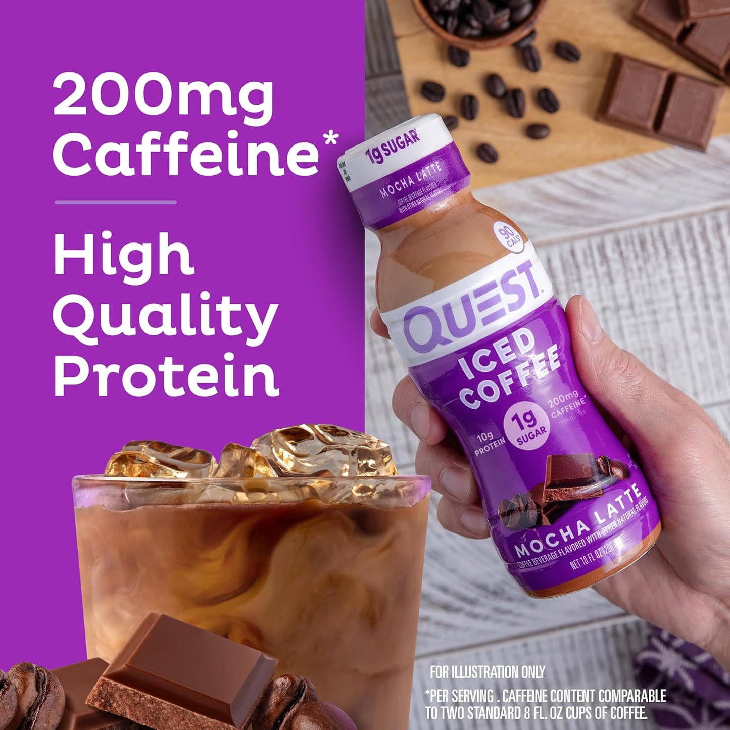 Quest Nutrition Iced Coffee Portable 10oz Protein Shake for Travel, Commute, and Car Cup Holder, 200mg Caffeine 4-Pack