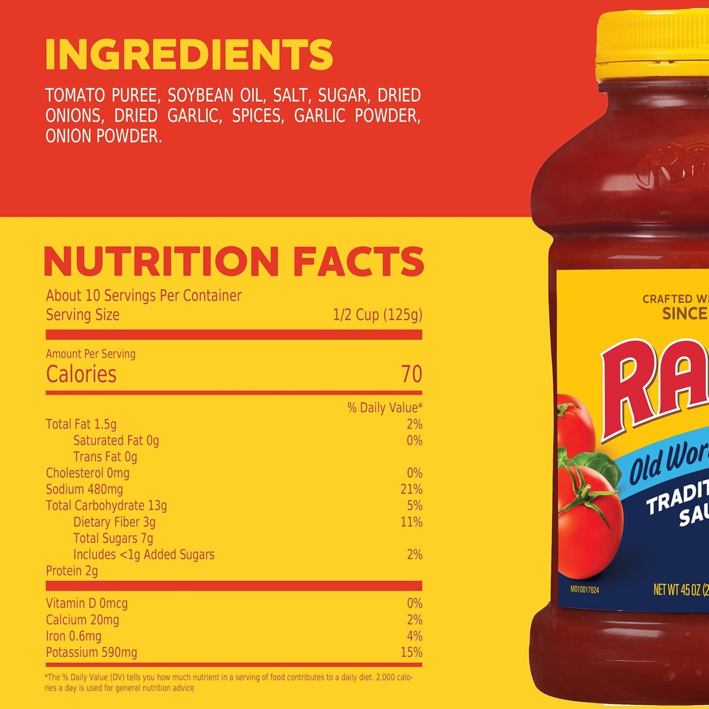 Ragu Old World Style Traditional Sauce, Made with Olive Oil, Wholesome Italian Sauce for Mindful Family Meals, 45 oz