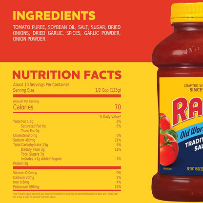 Ragu Old World Style Traditional Sauce, Made with Olive Oil, Wholesome Italian Sauce for Mindful Family Meals, 45 oz