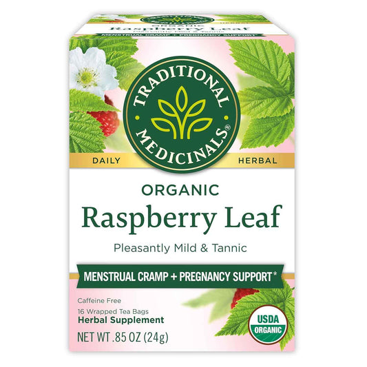 Traditional Medicinals Organic Raspberry Leaf Herbal Tea – Calming Bedtime Brew for Cycle Support and PMS Comfort, 16 Tea Bags
