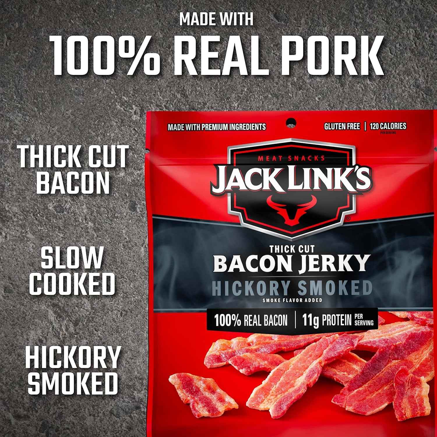 Jack Link's Bacon Jerky, Hickory Smoked – Portable Protein Snack for Hunting Blind and Camping Trip Lunches