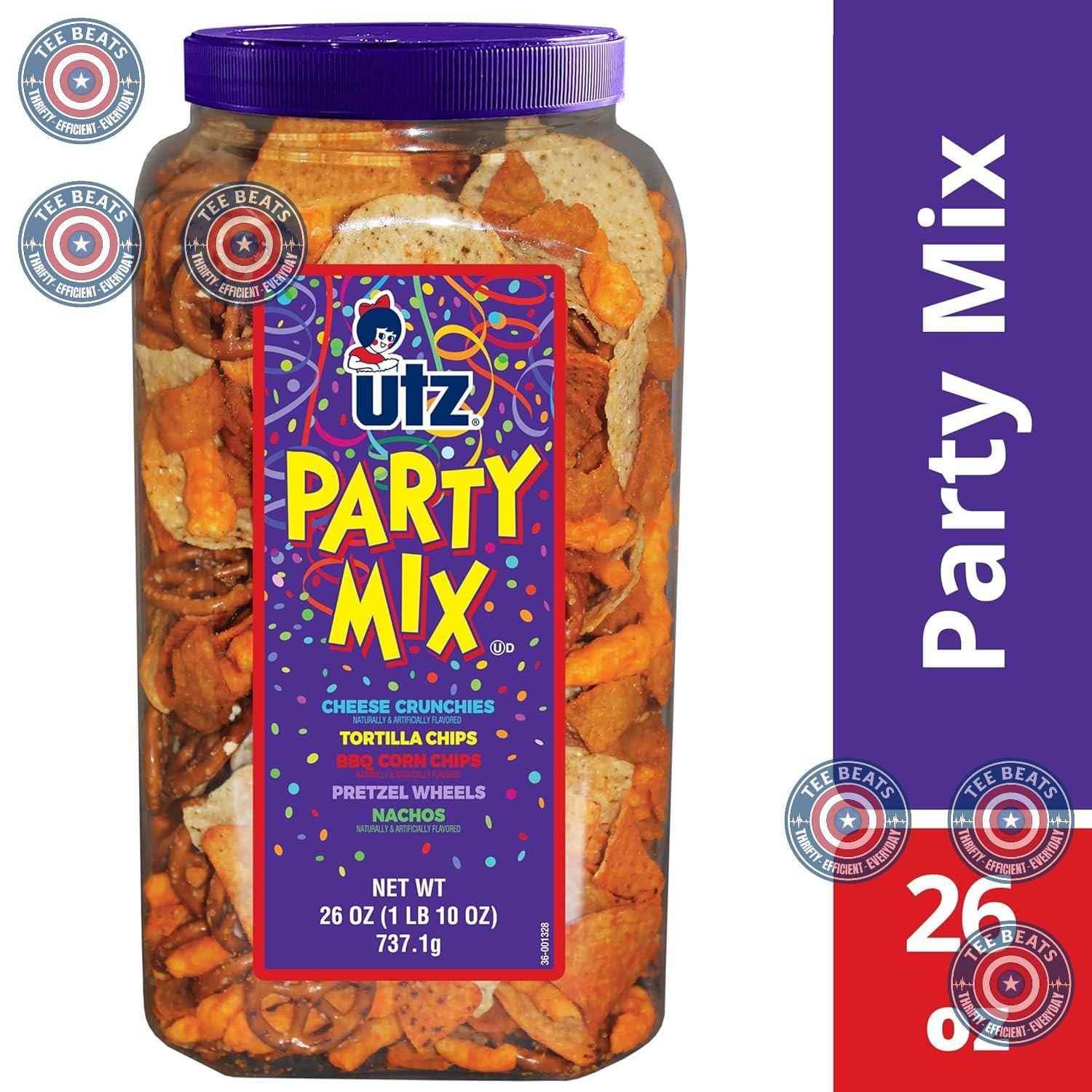 Utz 5-Component Snack Mix 26 oz Barrel - Child-Safe Pantry Snack for Lunchboxes, After-School, and Birthday Parties