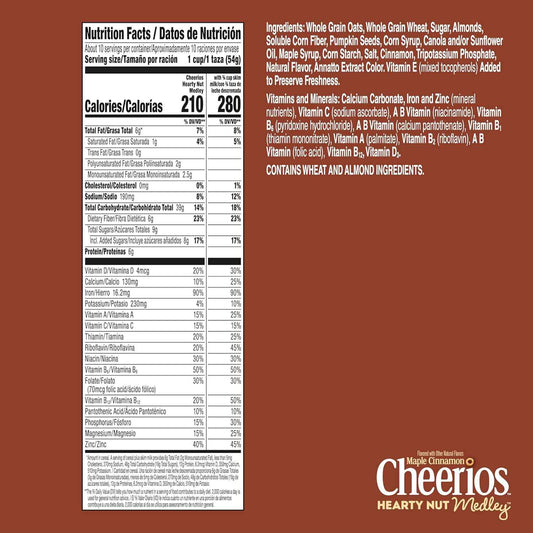 Cheerios Hearty Nut Medley Maple Cinnamon – Better-for-You Cereal Swap for Heart-Conscious Homes, 13 Vitamins and Minerals, 20 oz