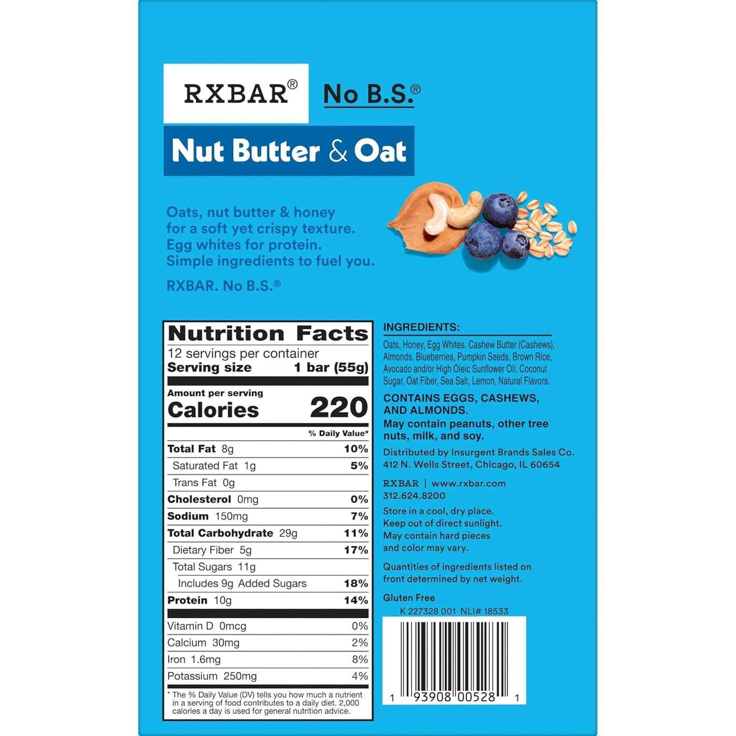 RXBAR Nut Butter and Oat Protein Bars – Portable Trail Fuel for Hiking and Cycling, 10g Protein Blueberry Cashew