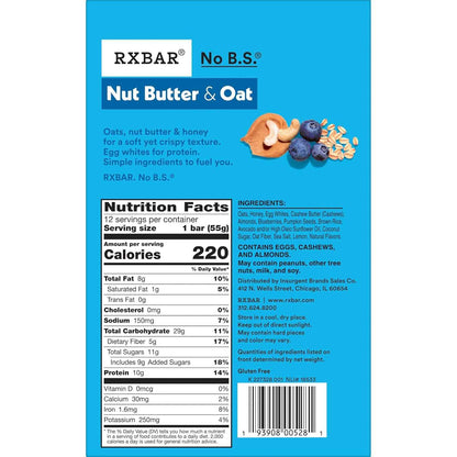 RXBAR Nut Butter and Oat Protein Bars – Portable Trail Fuel for Hiking and Cycling, 10g Protein Blueberry Cashew