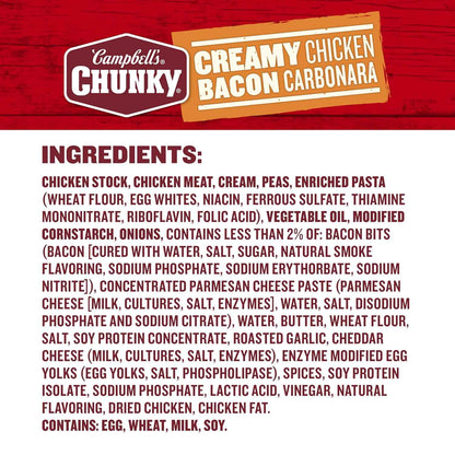 Campbell's Chunky Creamy Chicken Bacon Carbonara Soup, 18.8 oz Can – Calorie-Conscious Filling Lunch for Low-Carb and Portion-Controlled Diets