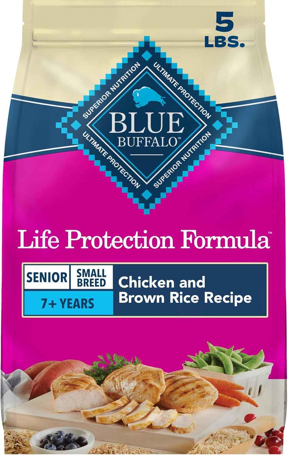 Blue Buffalo Life Protection Senior Small Breed Chicken & Brown Rice – Elevated Everyday Meal With LifeSource Bits and DHA, 5 lb