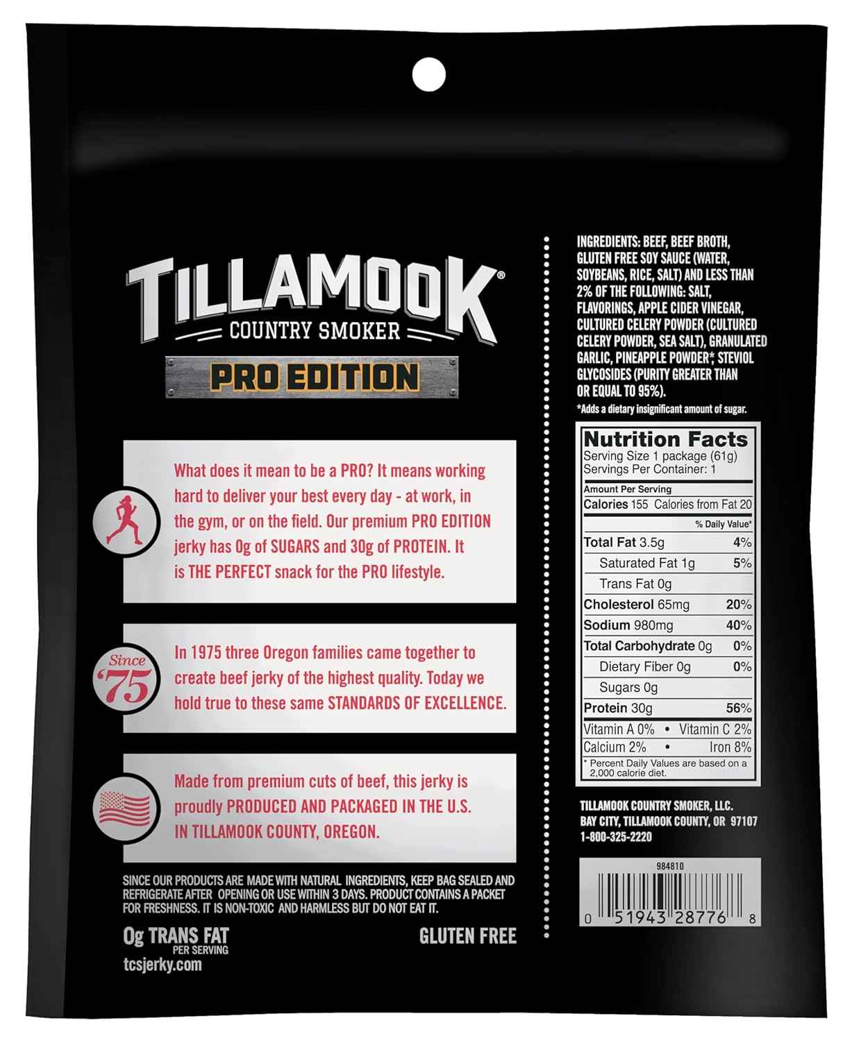 Tillamook Country Smoker PRO Edition Beef Jerky, Real Hardwood Smoked Angus, 2.14 Oz Gluten Free Low Carb Snack for Macro-Tracking and Mindful Nutrition