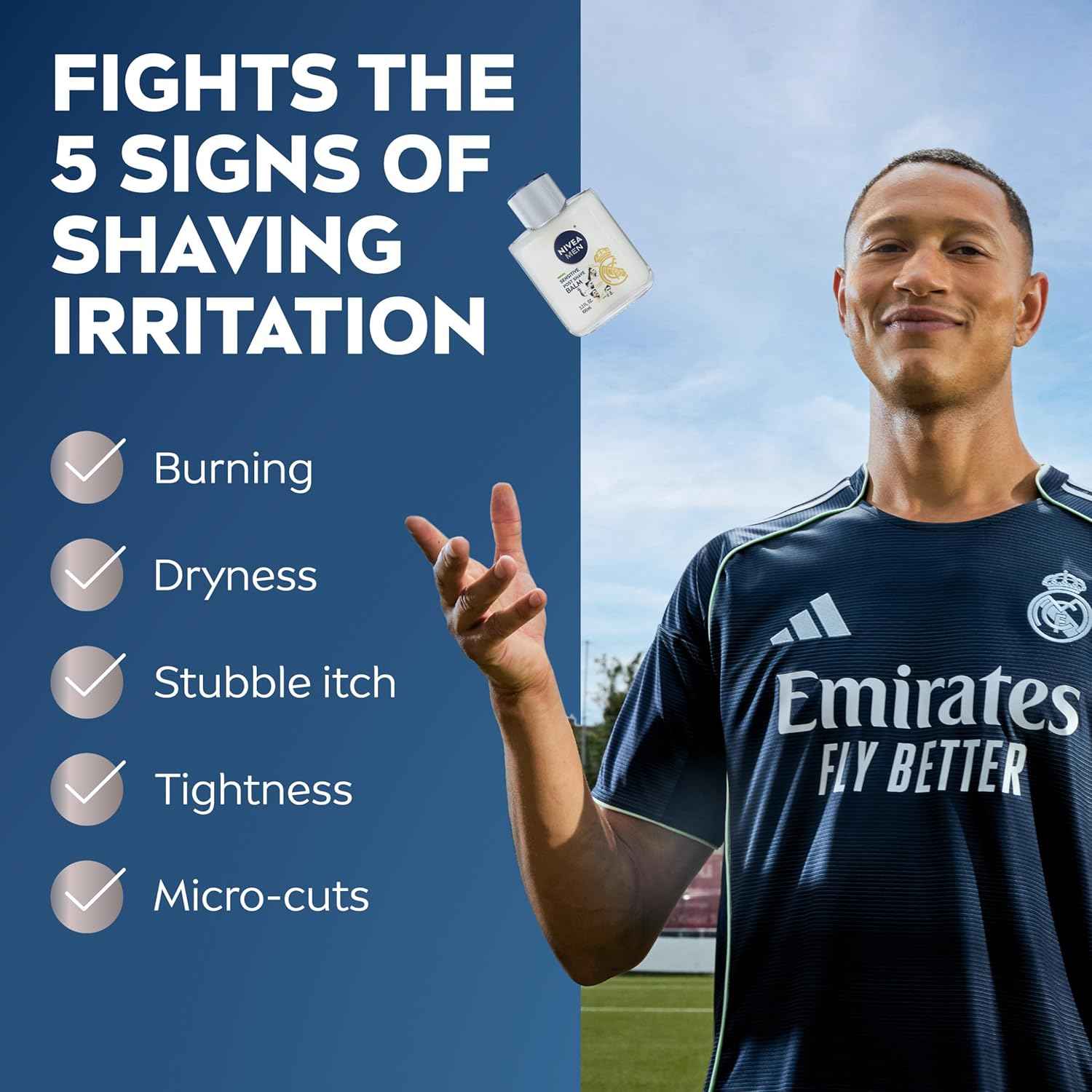 NIVEA MEN Real Madrid Post Shave Balm – Licensed Soccer Fan Gift for Men, Alcohol Free Daily Aftershave 3.3 Fl Oz
