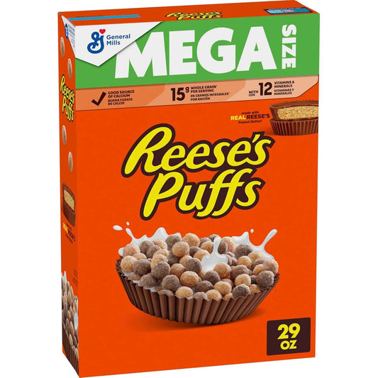 REESE'S PUFFS Whole Grain Cereal, 29 oz Mega Size – Balanced Breakfast Choice with 12 Vitamins and Calcium for Mindful Mornings