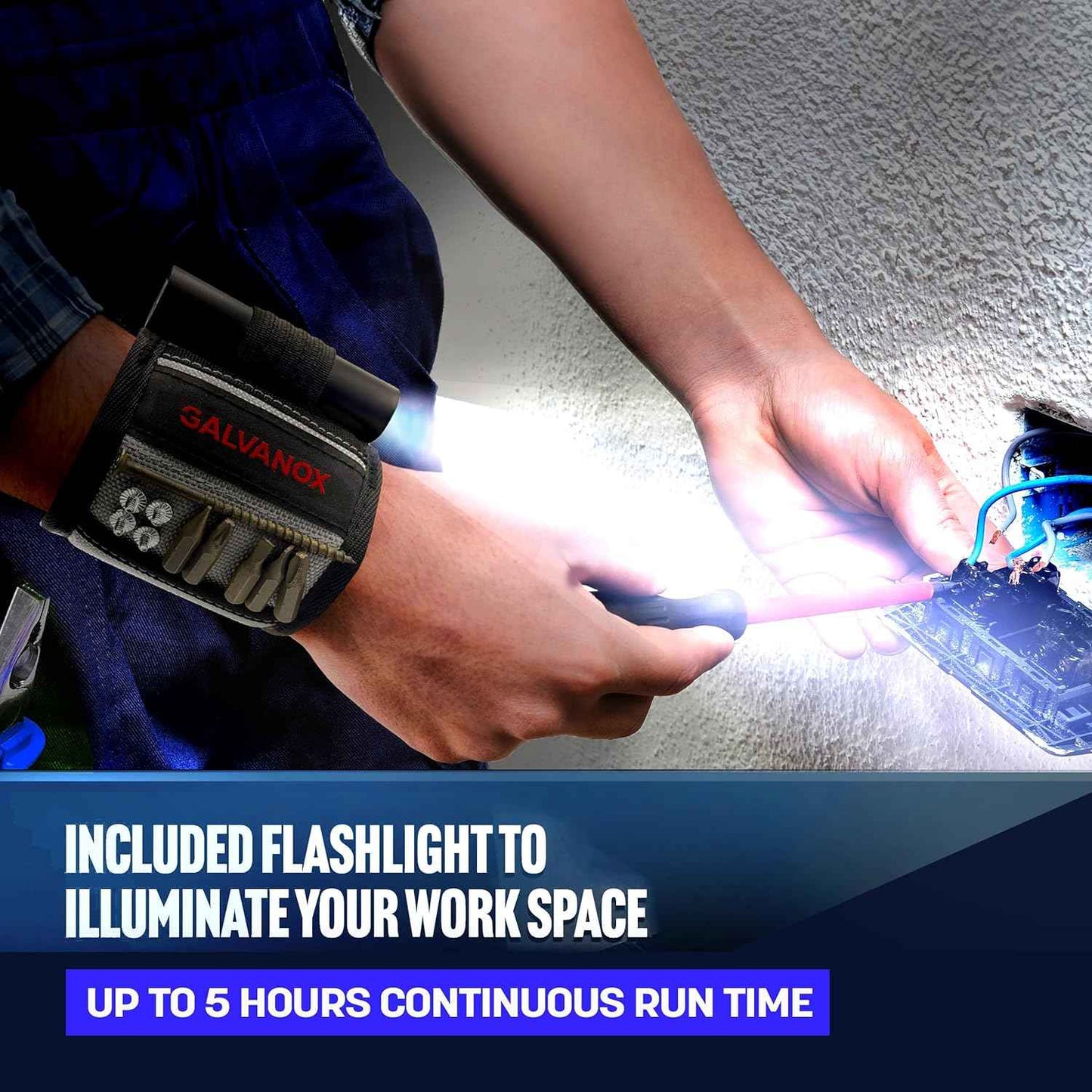 Galvanox Magnetic Wristband with LED - Hands-Free Work Light for DIYers and Home Repair Pros