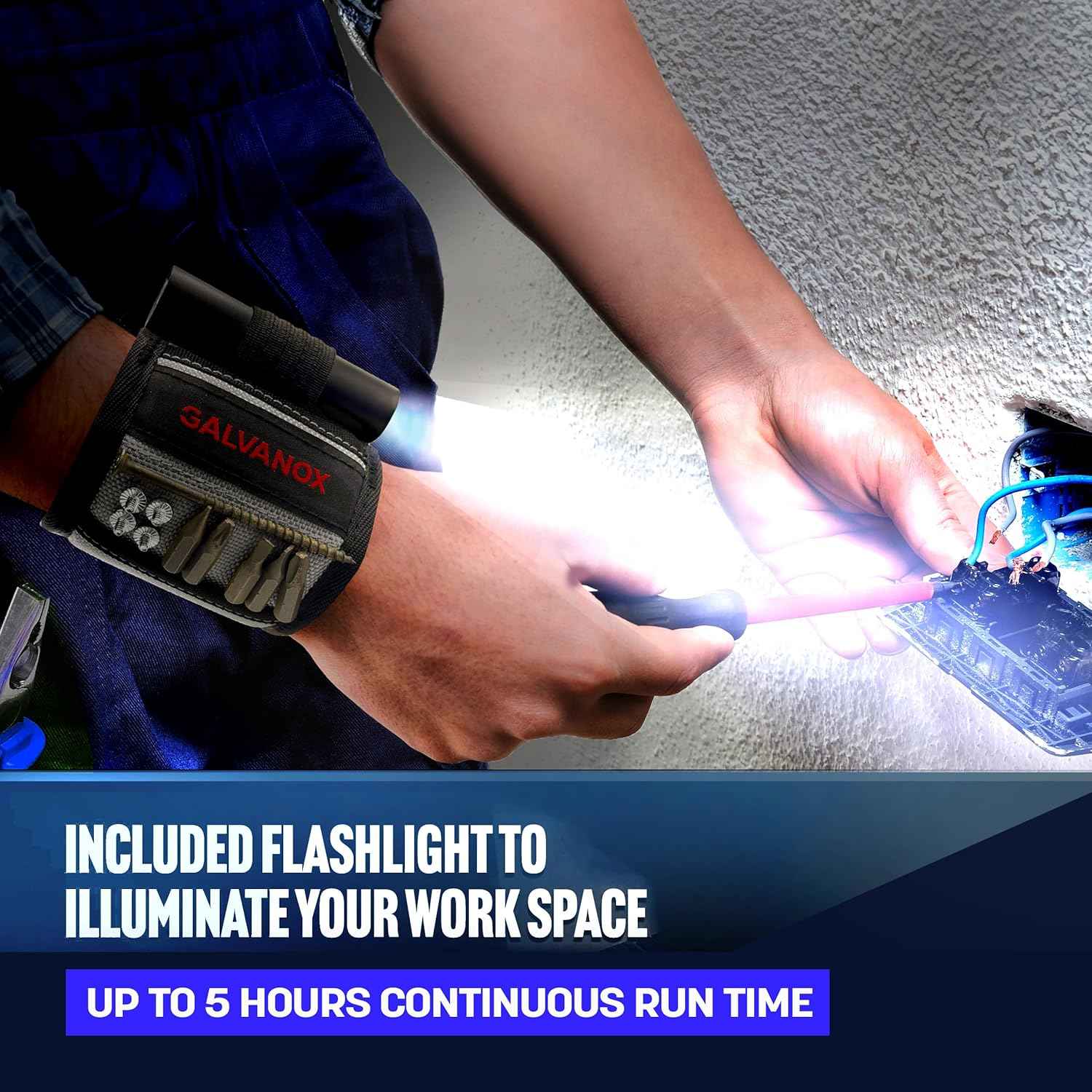 Galvanox Magnetic Wristband with LED - Hands-Free Work Light for DIYers and Home Repair Pros