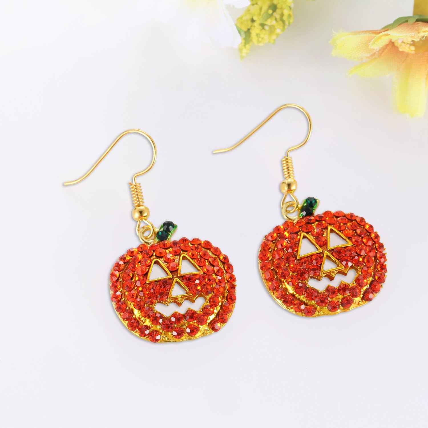 iWenSheng Halloween Pumpkin Earrings Red - Hypoallergenic Crystal Dangle Earrings Safe for Sensitive Skin, Fun Costume Accessory for Girls