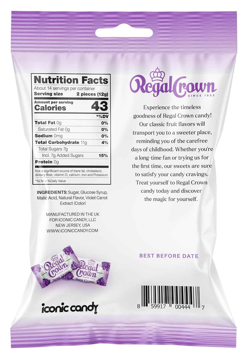 Regal Crown Sour Grape Hard Candy | Clutter-Free Candy Dish Staple for the Home | One Simple Peg Bag, 28 Wrapped Pieces