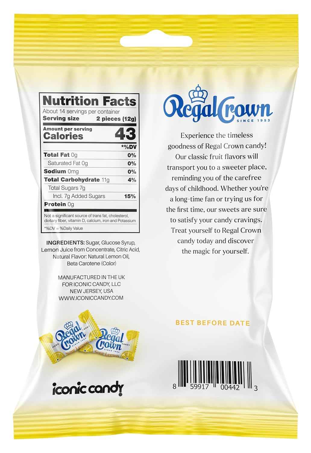 Regal Crown Sour Lemon Hard Candy – Low Calorie Afternoon Pick-Me-Up, Only 15 Calories Per Piece for Mindful Snacking (6.25 oz)