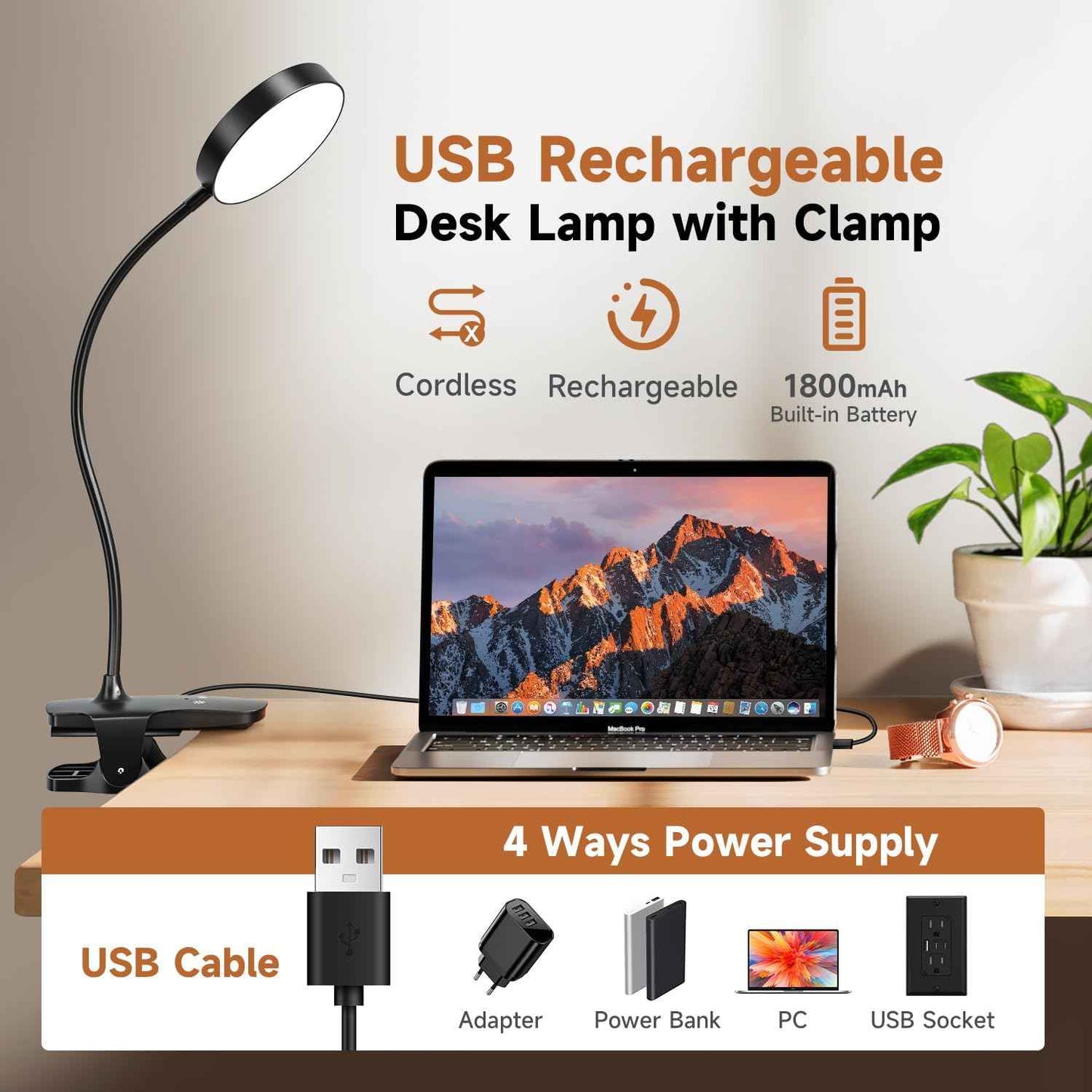 Mubarek Clip on LED Light – Clean Design Bedside Lamp for Uncluttered Bedrooms, Neutral Reading Light