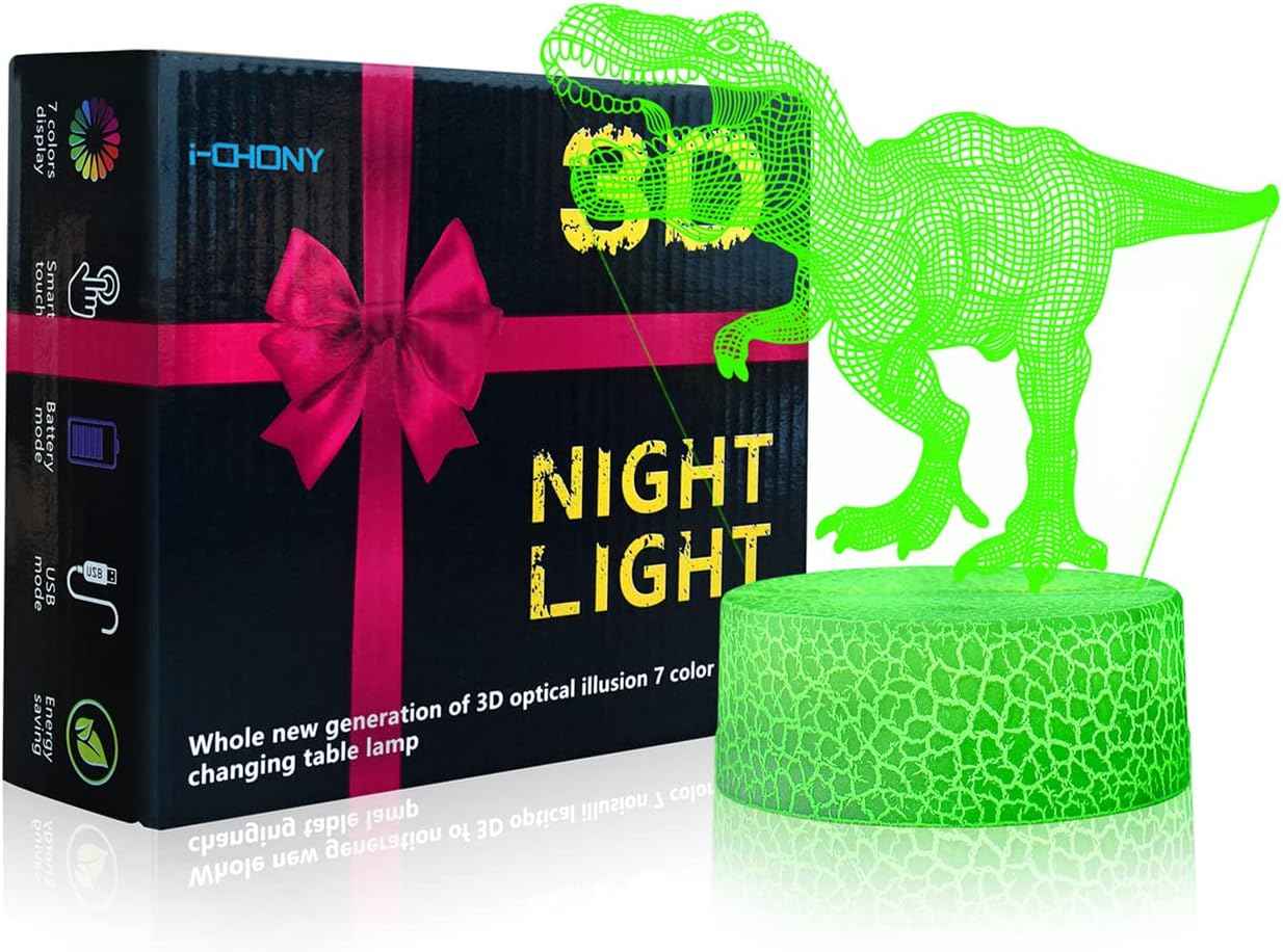 i-CHONY 3D Dinosaur Night Light for Kids - Child-Safe Flicker-Free LED Lamp for Nursery and Bedroom