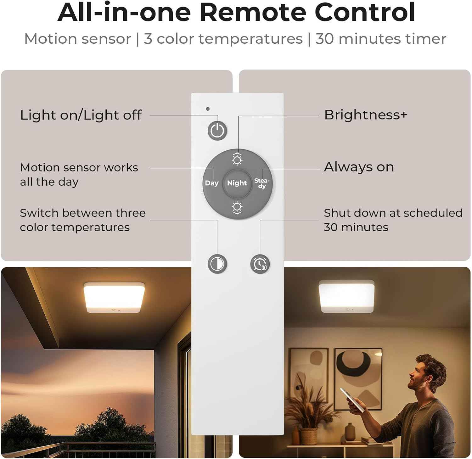 FULEN Motion Sensor Ceiling Light – Cordless Rechargeable Safety Light for Staircases and Hallways, 120° Detection